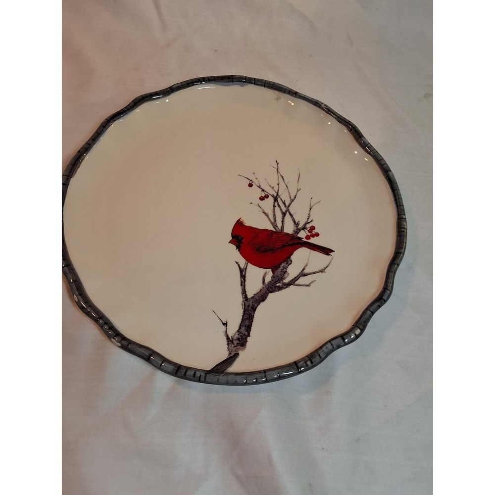 Transpac Red Cardinal Winter Branch Ceramic Serving Plate Scalloped Rim Cream